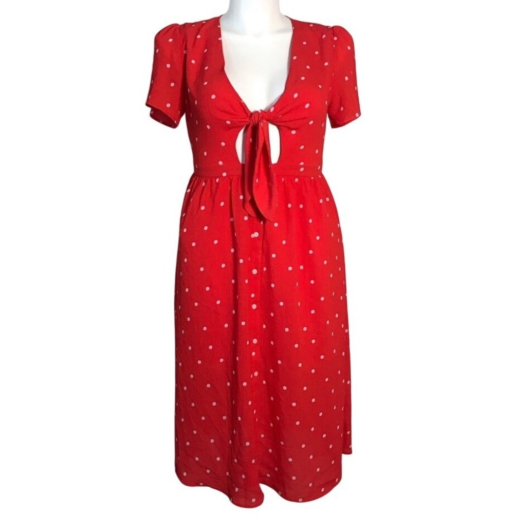 EVERLY RED ORANGE POLKA DOT FROMT TIE DRESS